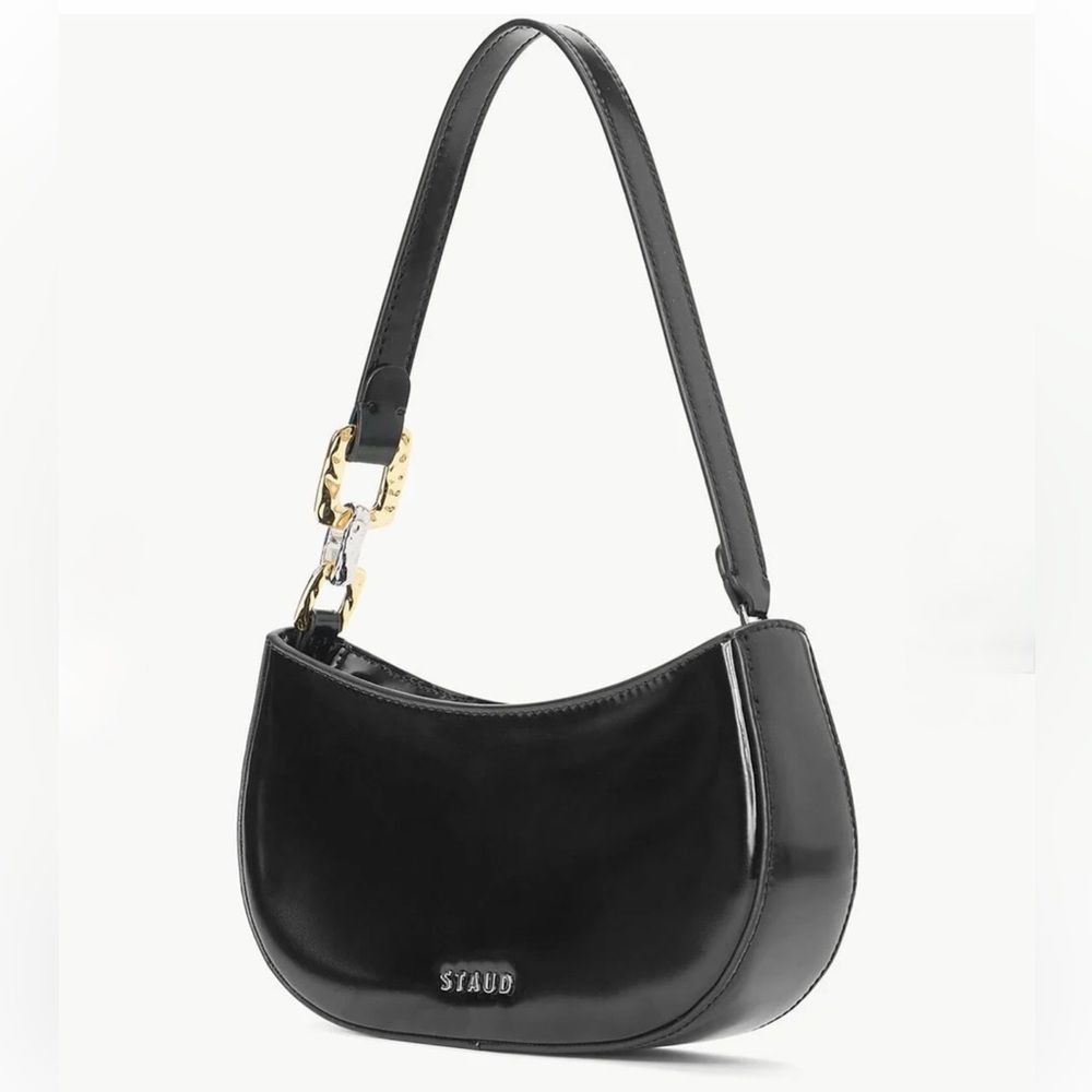 STAUD Brady Black Small Leather Shoulder Bag w Gold & Silver Tone Hardware NWT